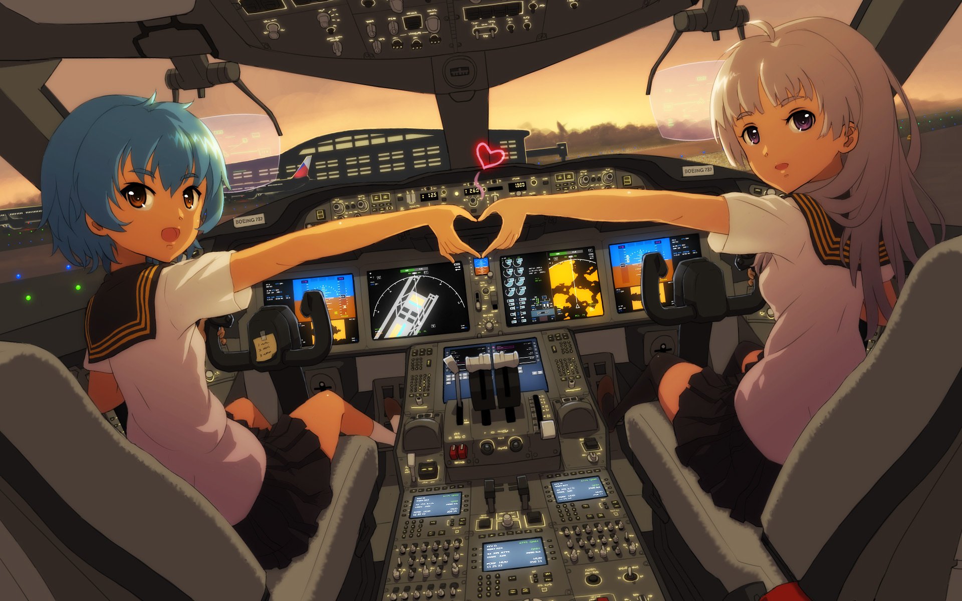 art ericsakura girls plane booth buttons heart sunset anime sky