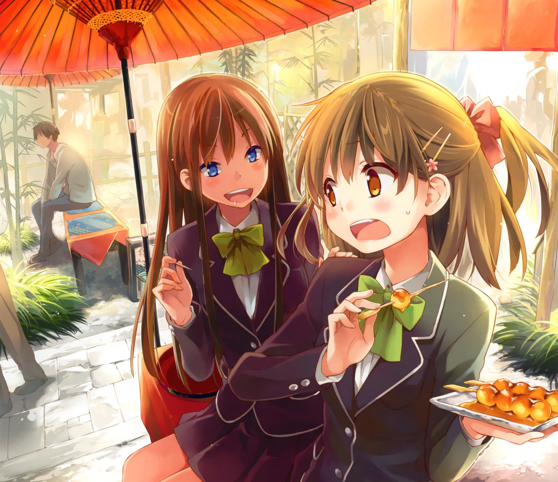 arte eretto chicas paraguas comida colegialas sentado anime