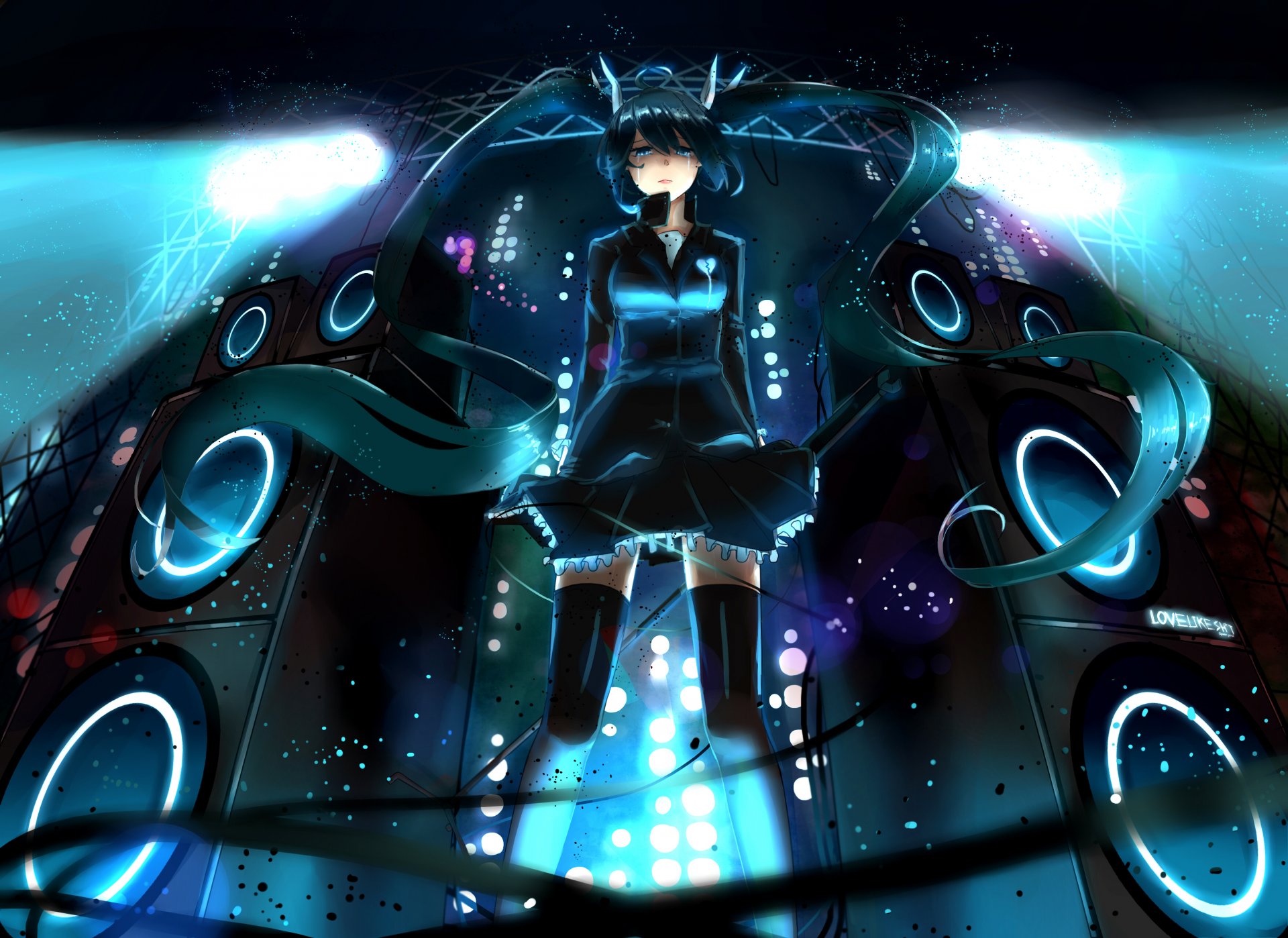 sztuka dziewczyna hatsune miku spojrzenie łzy głośniki scena reflektory vocaloid vocaloid