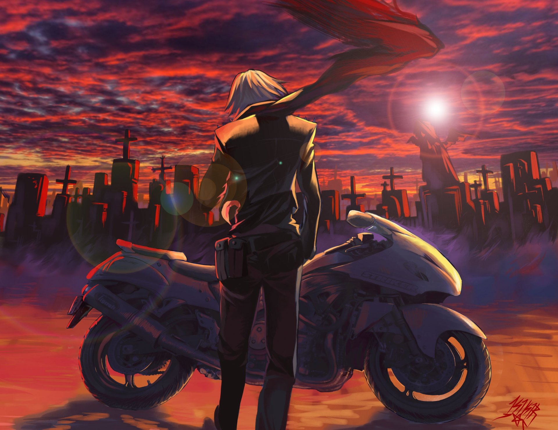 arte kikira ragazzo moto sciarpa tramonto sole cielo nuvole croci cimitero anime