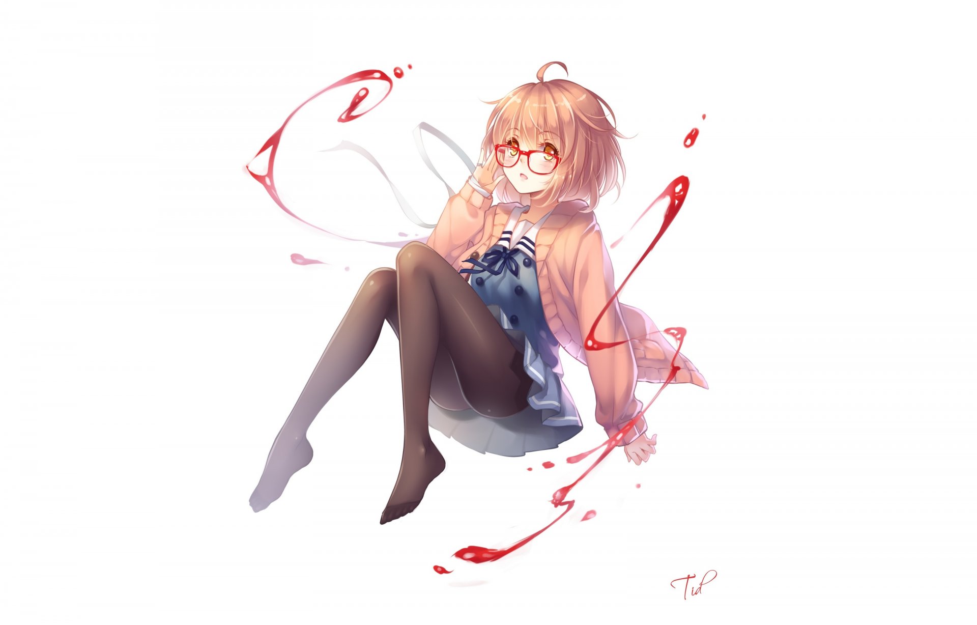 arte tidsean chica kuriyama mirai mirada sonrisa gafas magia fondo blanco no kyoukai no kanata