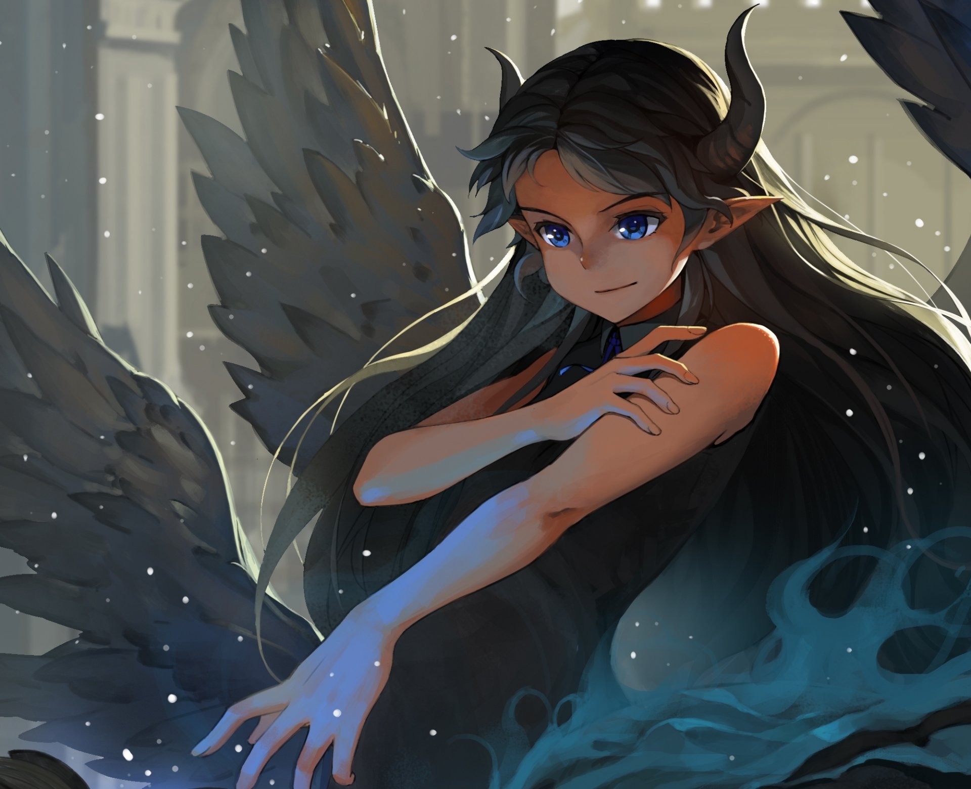 arte pixiv fantasía chica cuernos alas magia