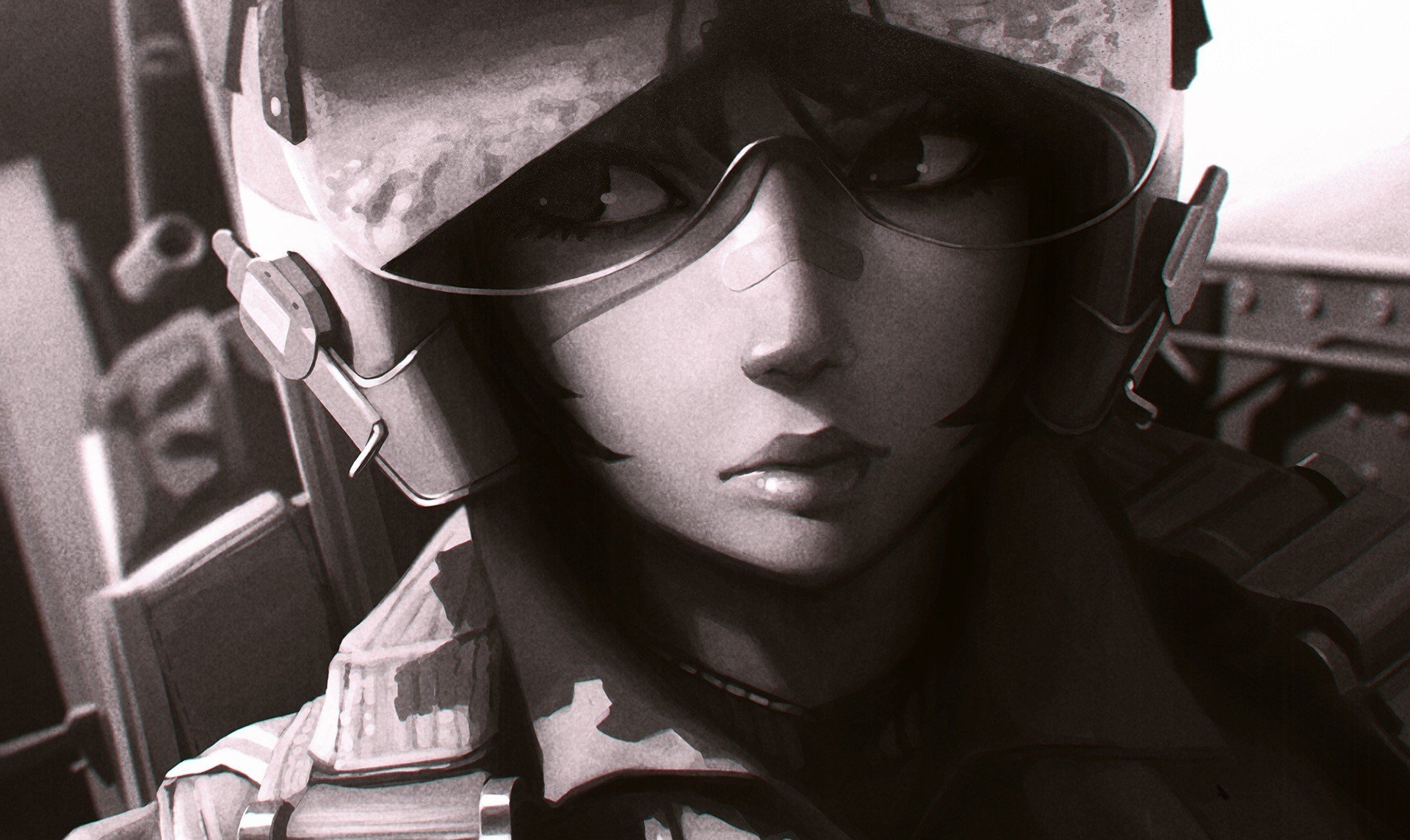 kunst guweiz mädchen helm kabine pilot monochrom