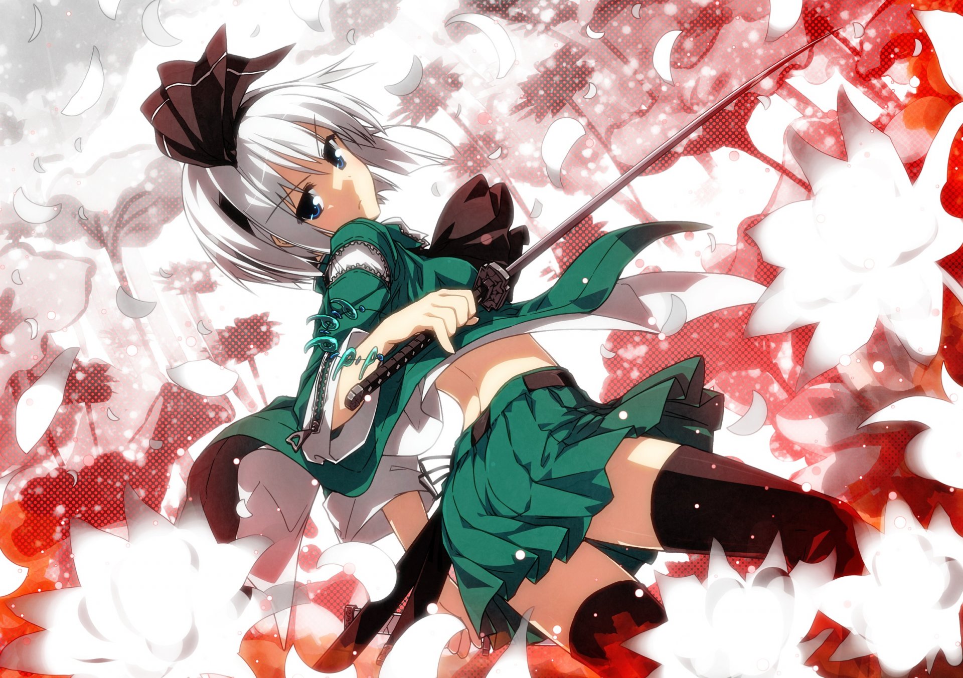 arte sazanami milioni compaku lui touhou toho ragazza katana armi spada gambe calze gonna corta capelli corti petali