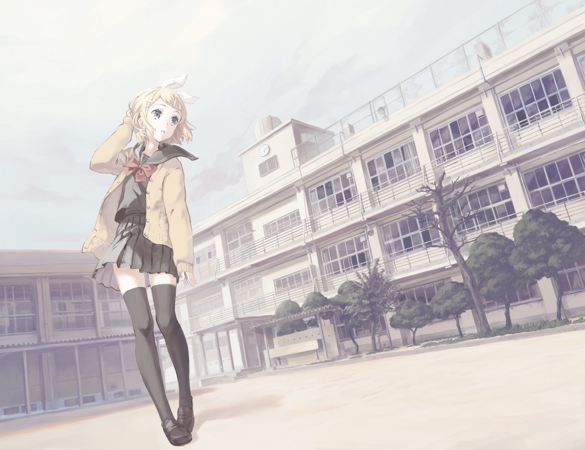 chica kagamine rin colegiala escuela patio viento vocaloid vocaloid