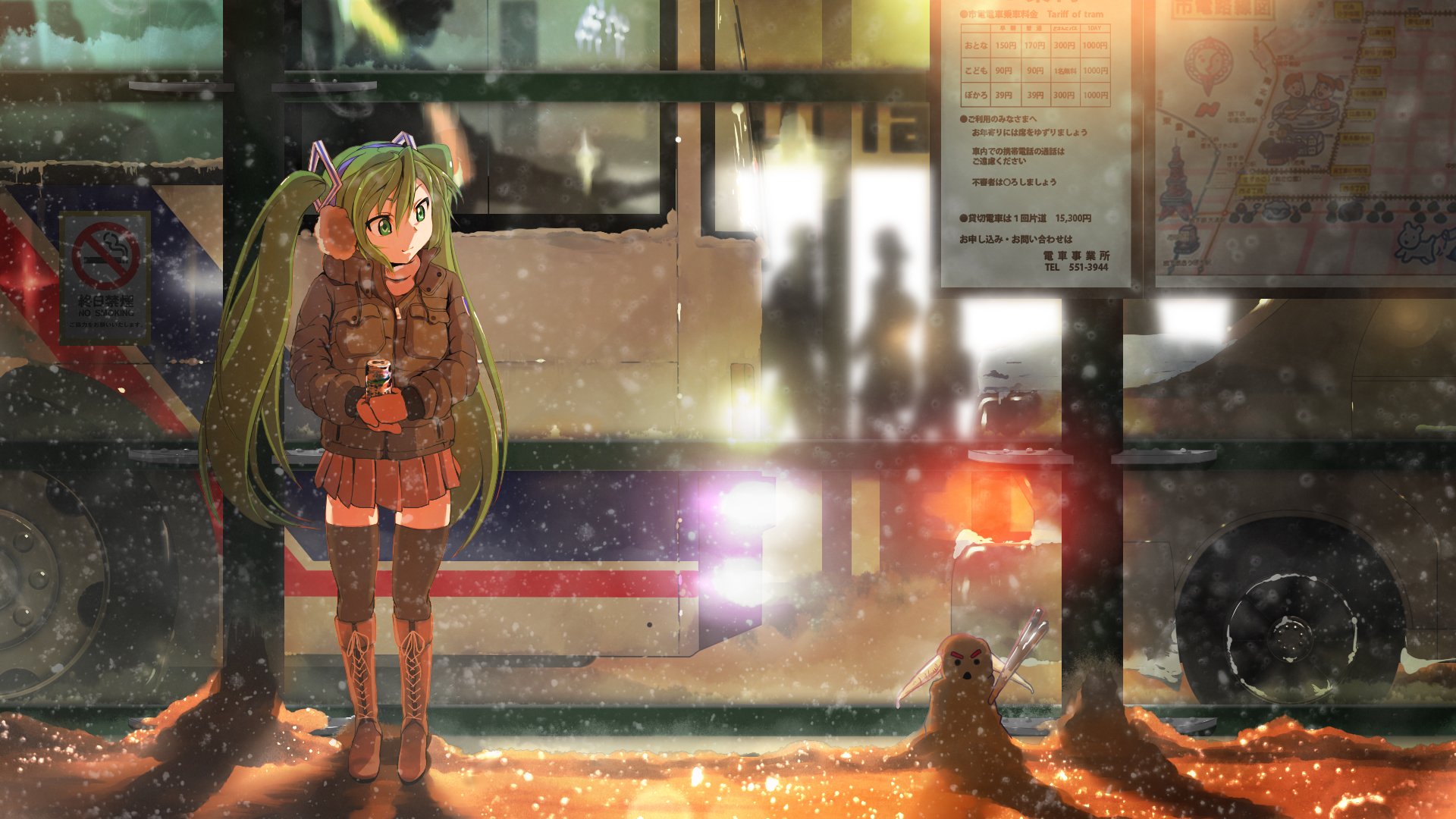 hatsune miku vocaloid fille neige hiver arrêt bus nuit lumières carte boisson bonhomme de neige créature