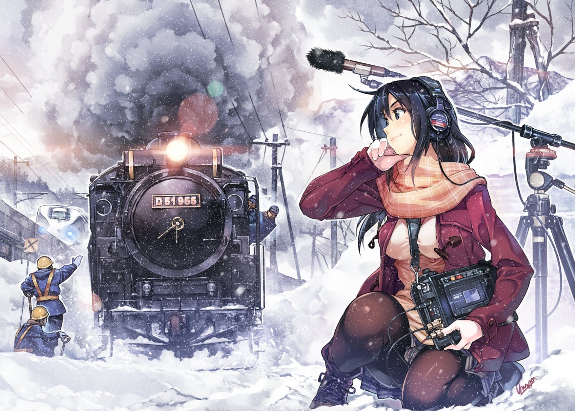 arte vania600 chica tren micrófono nieve invierno humo gente auriculares anime