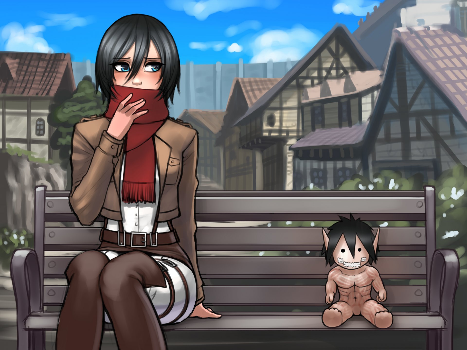 mikasa ackerman invasión de gigantes no shingeki no kyojin ataque en titán chica titán juguete ciudad arte bufanda mirada