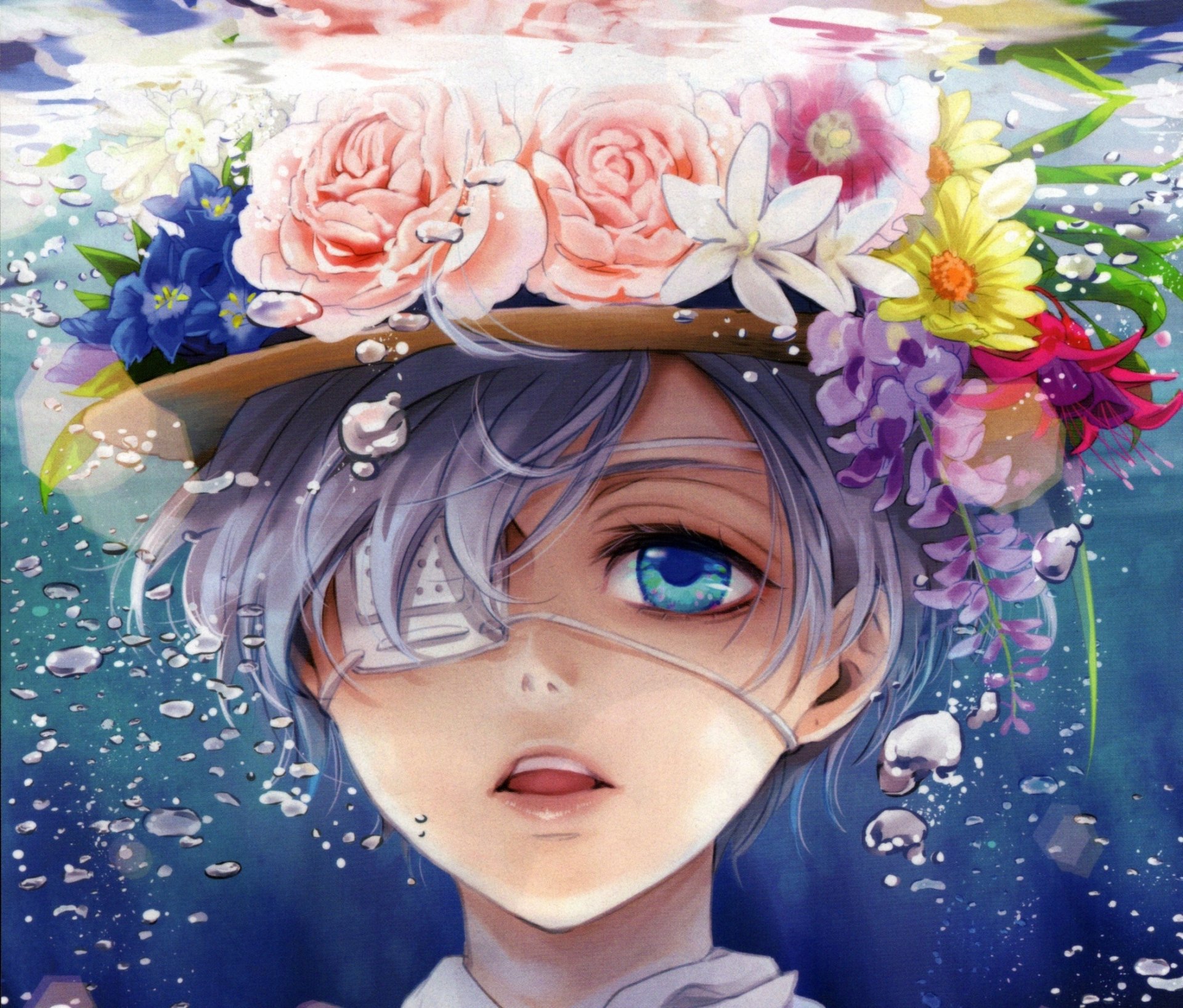 arte anime kuroshitsuji mayordomo oscuro ciel phantomhive novio sombrero diadema flores bajo el agua burbujas rosas