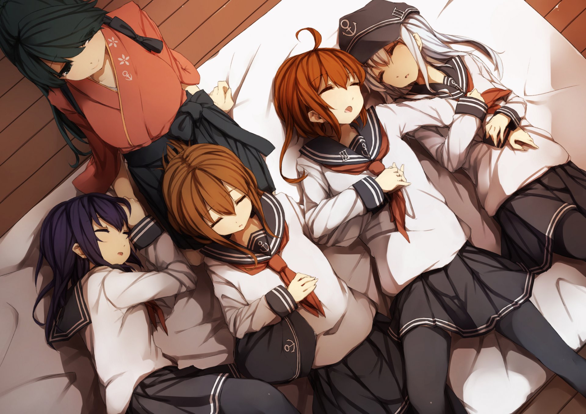 kunst kyouya mukuro238 kantai sammlung hibiki zerstörer inazuma zerstörer akatsuki zerstörer ikazuchi zerstörer houshou lichtträger mädchen schulmädchen uniform kimono liegen anime