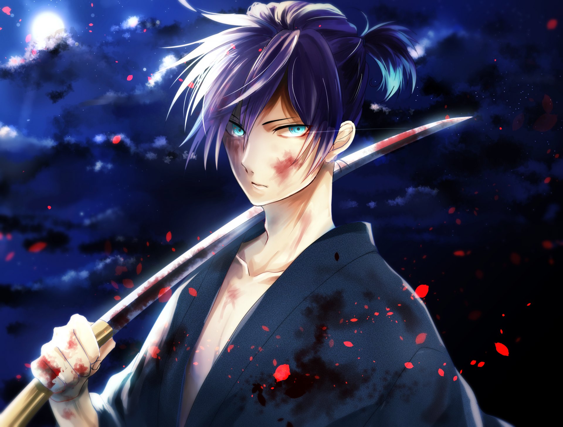 arte hkm hsk10 anime noragami yato chico katana sangre luna cielo nubes noche kimono armas