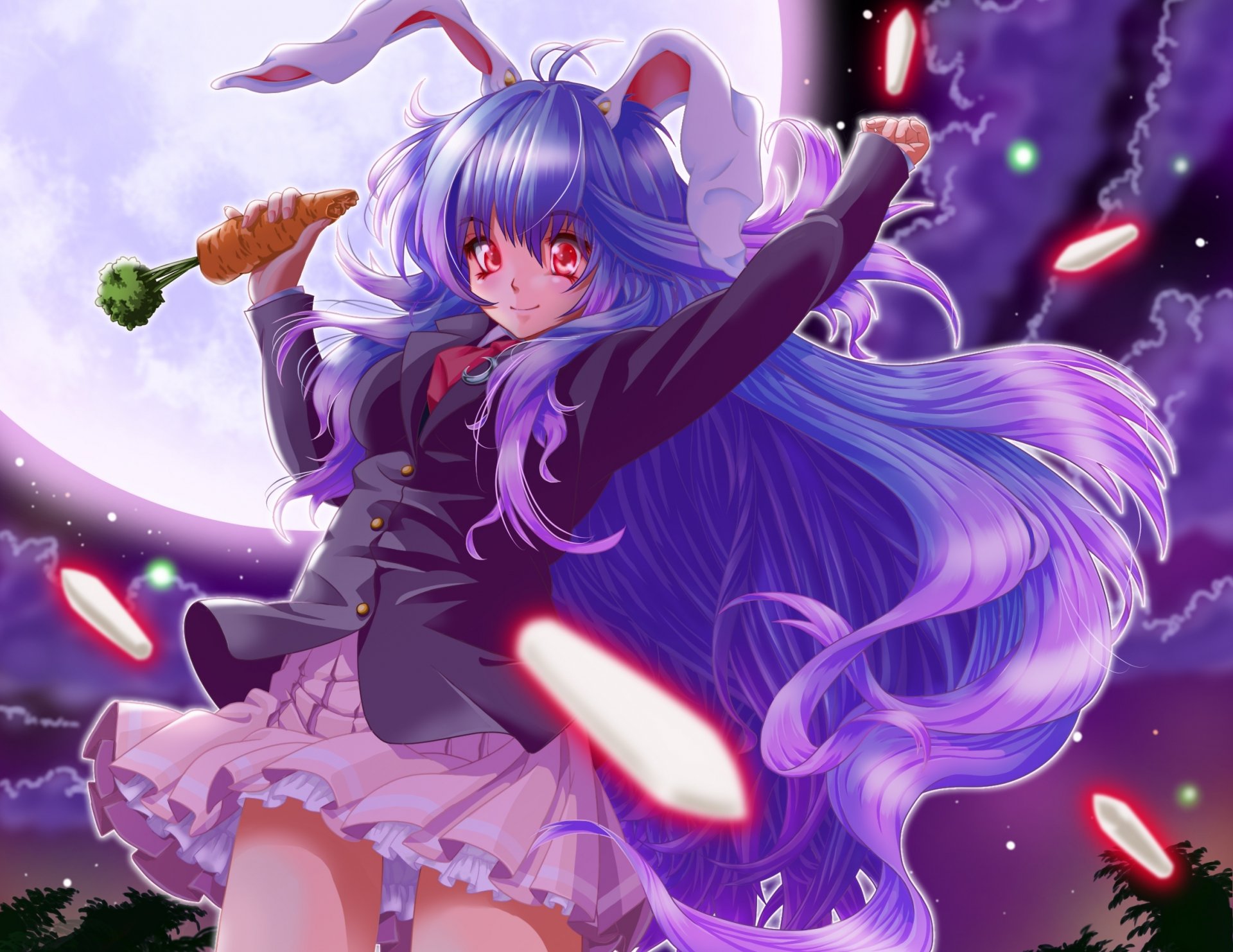 kunst urufu touhou reisen udongein inaba mädchen ohren mond karotte nacht himmel wolken sterne anime