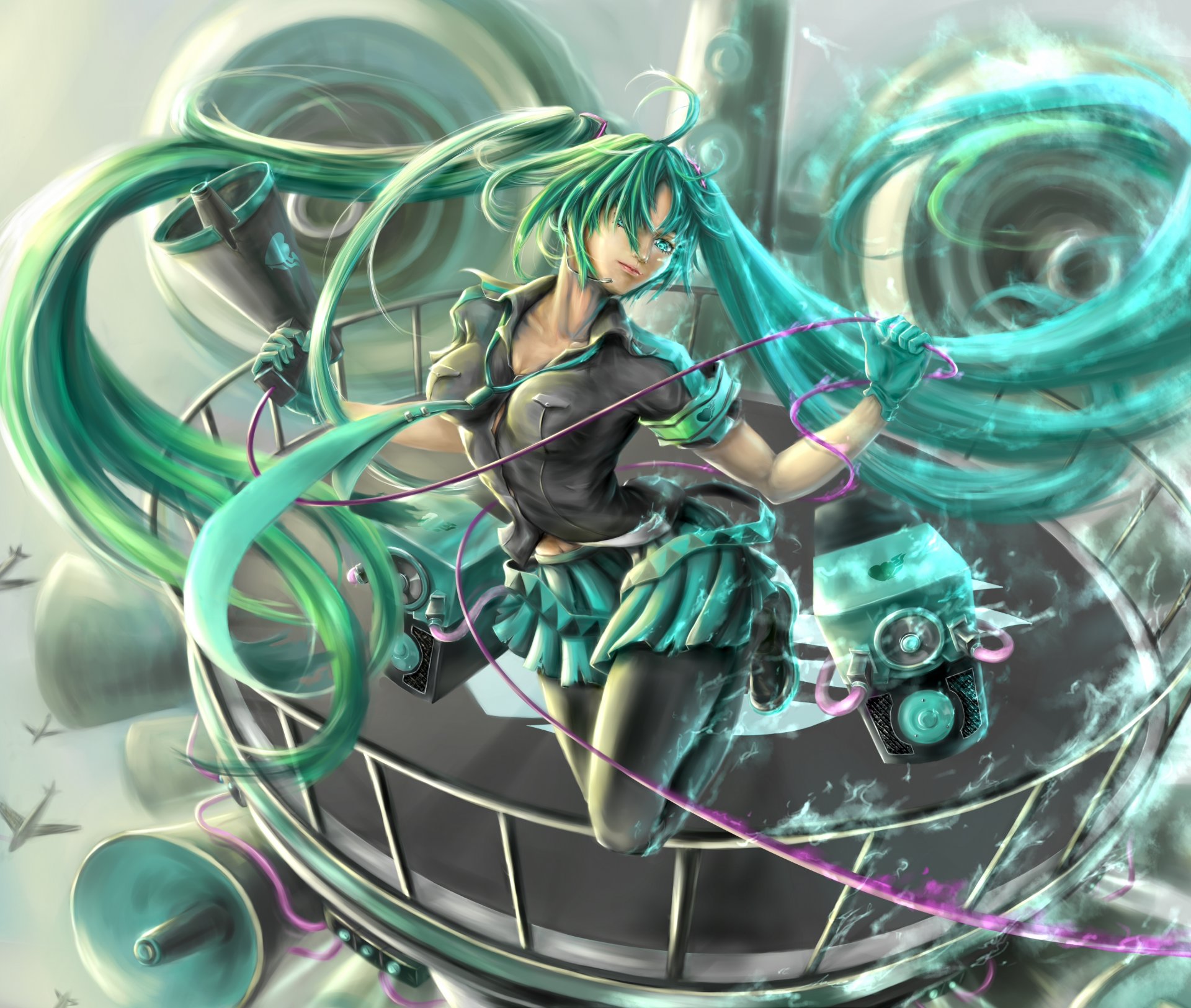 arte zhongjian fuquan chica hatsune miku mirada sonrisa altavoces cuerno aviones vocaloid vocaloid