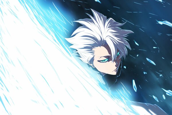 Toshiro Hitsugaya Duschführer Art. Ein Mann mit weißen anime-Haaren. Toshiro Hitsugaya ist Kapitän der zehnten Einheit von Gotheus 13