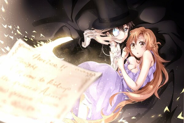 Ein Bild im Anime-Stil eines Mannes und eines Mädchens hinter einem Blatt mit magischen Buchstaben