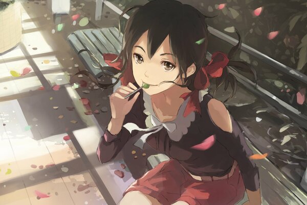 Ui chun liang with a chupa-chups. Brunette girl anime art. Anime girl with red bows. Anime girl sitting on a bench