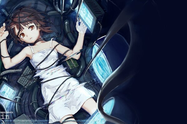 Anime girl lying in monitors and wires