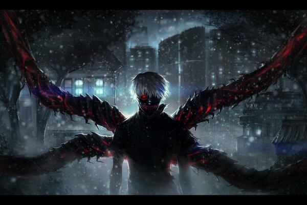 Anime kaneki. A guy with tentacles with white hair in a dark night