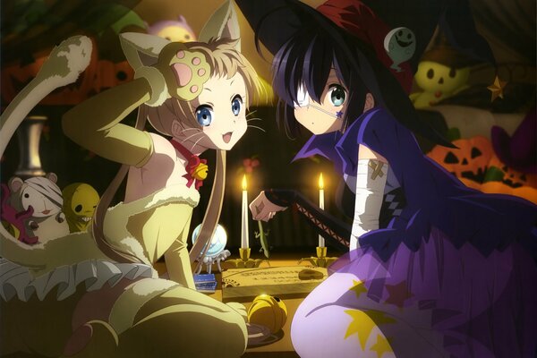 Anime picture with cute girls in the form of a witch and a kitty