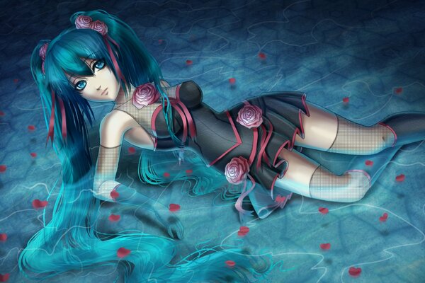 Duanime girl lying in the water with pink petals