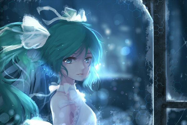 Anime drawing of a girl with bows at a winter window