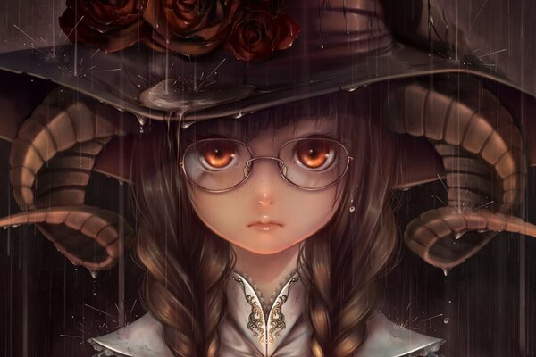 Девушка в очках и с рогами стоит под дождем