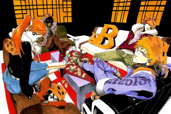 Art anime Bleach . Les personnages de l anime Bleach sont assis à la table. Orihime Inoue et Ichigo Kurosaki. Orihime Inoue Les gars et les filles de l anime Bleach 