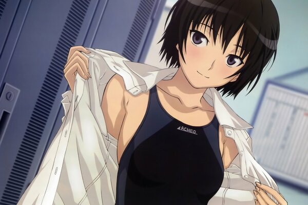  Tidbit Ai Nanasaki in a swimsuit. Amagami ss Ai Nanasaki bikini. Anime girl in a swimsuit and a white shirt. Anime girl with short hair.