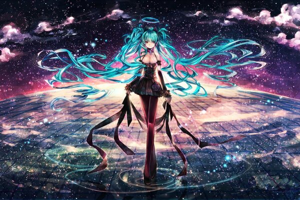 Art con salay. Chica anime en el fondo de las nubes y las estrellas