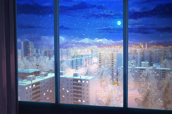 Winter city in the evening outside the window