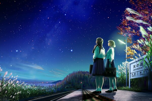 Schoolgirls under the starry sky