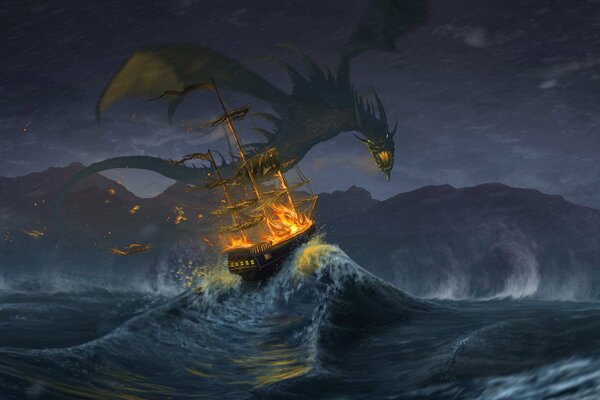 Dragon attacks ship at sea