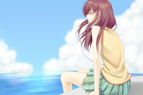 An anime-style image of a girl sitting near the water