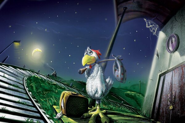 Notte. Gallina solitaria sulla ferrovia