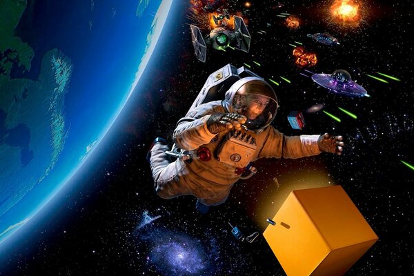 Космонавт летит с коробкой в открытом космосе