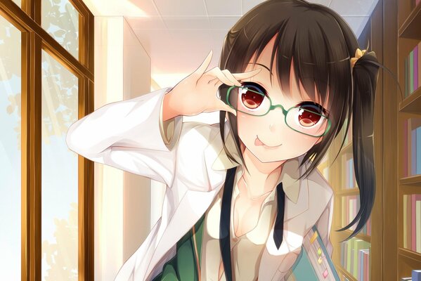 Anime girl with glasses with books in the library