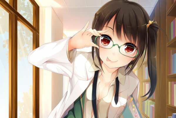 Anime chica con gafas con libros en la biblioteca