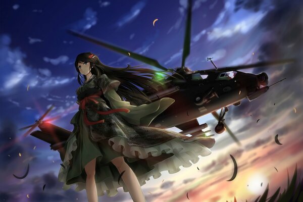 A girl in a kimono on the background of a helicopter