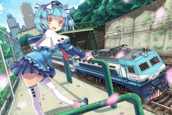 Art anime girl, train, city