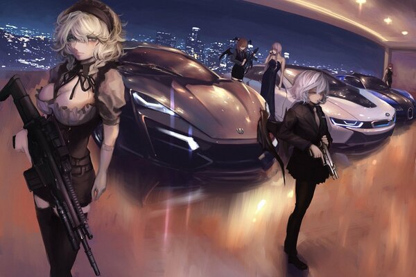 Girls with guns next to anime cars