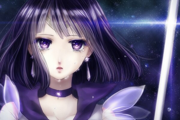 Sailor Saturn cries and holds a sword