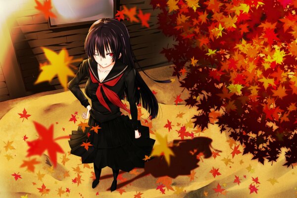 Girl in autumn leaves anime