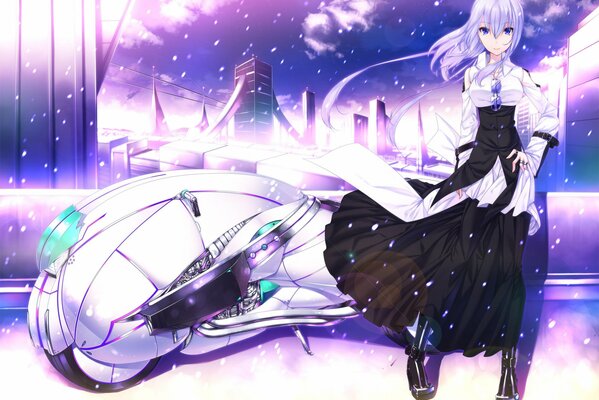 A girl against the background of a city and a motorcycle from the future