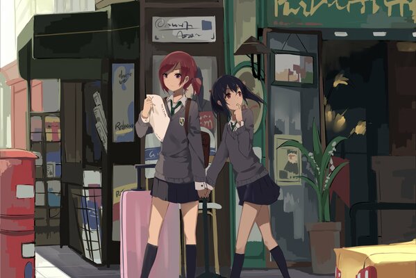 Two anime schoolgirl girls are coming from school