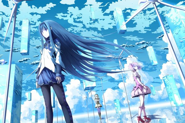 Anime image. Three girls on a blue background