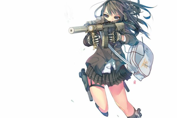 An anime-style picture. Girl with a gun