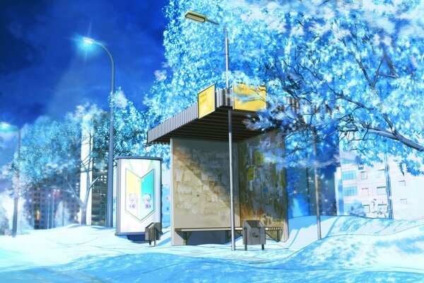 Art drawing of a snow-covered stop in a night city among trees