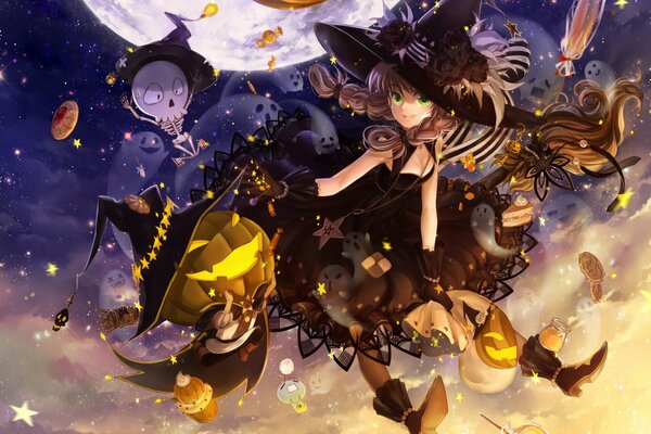 Девочка на празднике Хэллоуина играет с конфетами