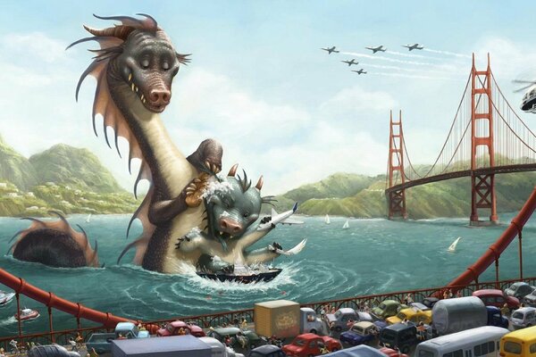 Cartoon dragons wash in the sea under the bridge