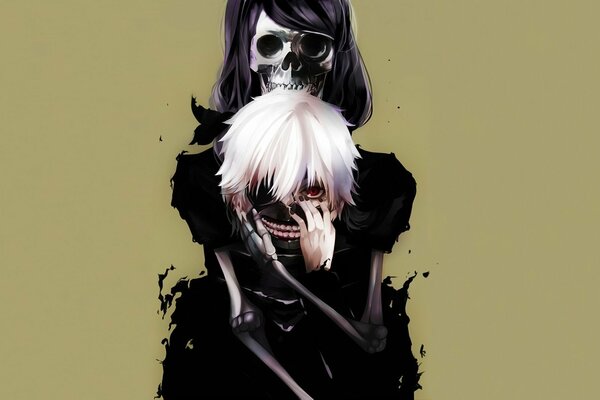 Kaneki ken from Tokyo ghoul in the arms of a skeleton